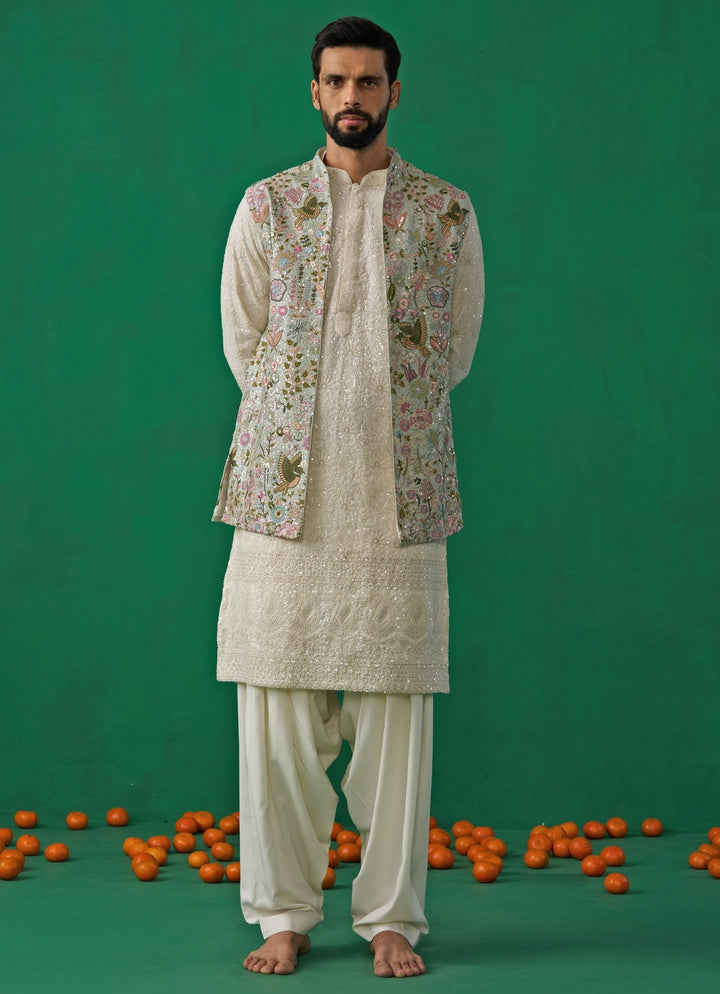 Sky Blue And Ivory Floral Embroidered Georgette Kurta Jacket Set Kalpraag - Fabilicious Fashion