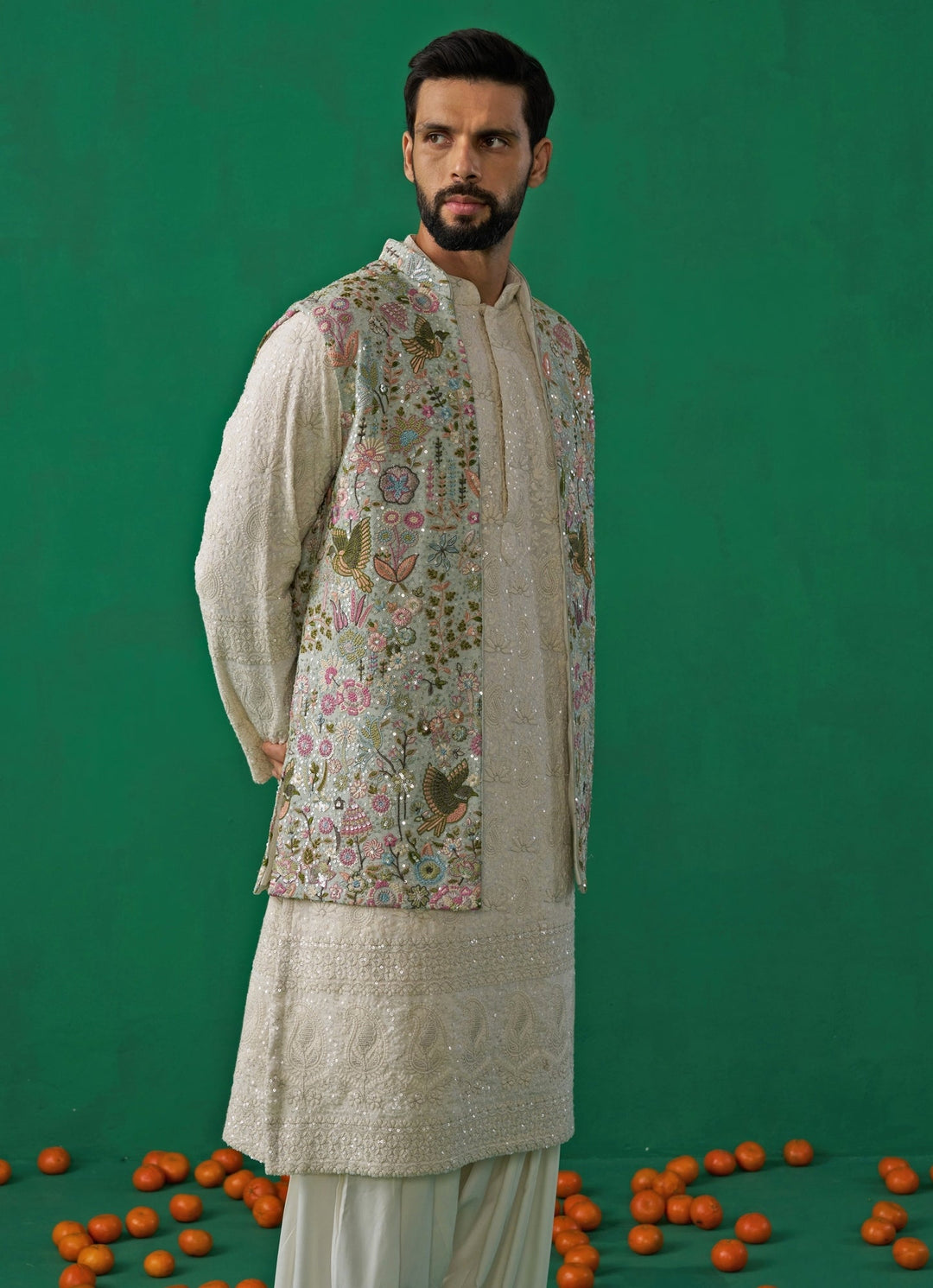 Sky Blue And Ivory Floral Embroidered Georgette Kurta Jacket Set Kalpraag - Fabilicious Fashion