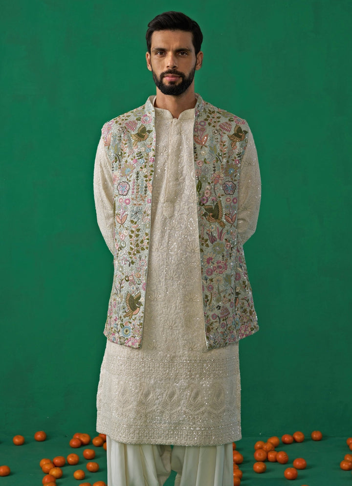 Sky Blue And Ivory Floral Embroidered Georgette Kurta Jacket Set Kalpraag - Fabilicious Fashion