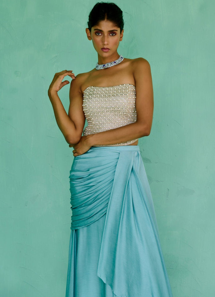 Sky Blue Chiffon Drape Skirt Set Chamee and Palak - Fabilicious Fashion