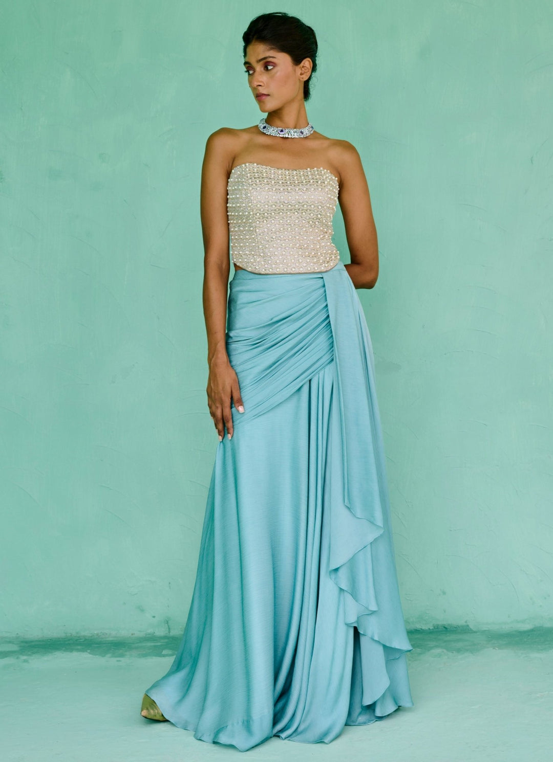 Sky Blue Chiffon Drape Skirt Set Chamee and Palak - Fabilicious Fashion