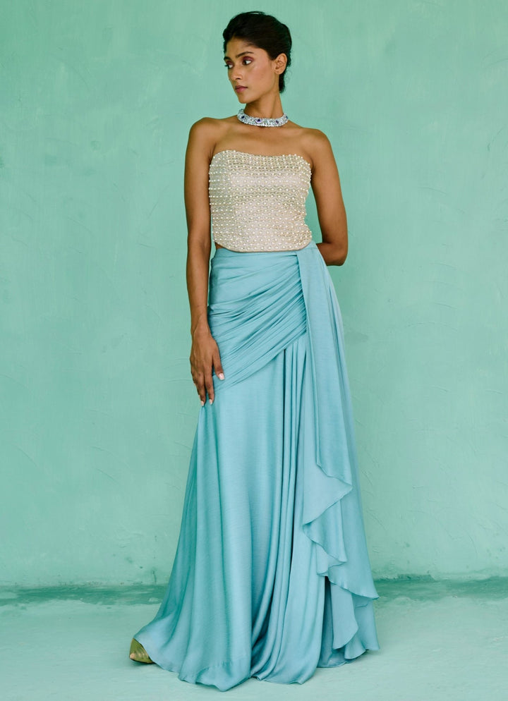 Sky Blue Chiffon Drape Skirt Set Chamee and Palak - Fabilicious Fashion