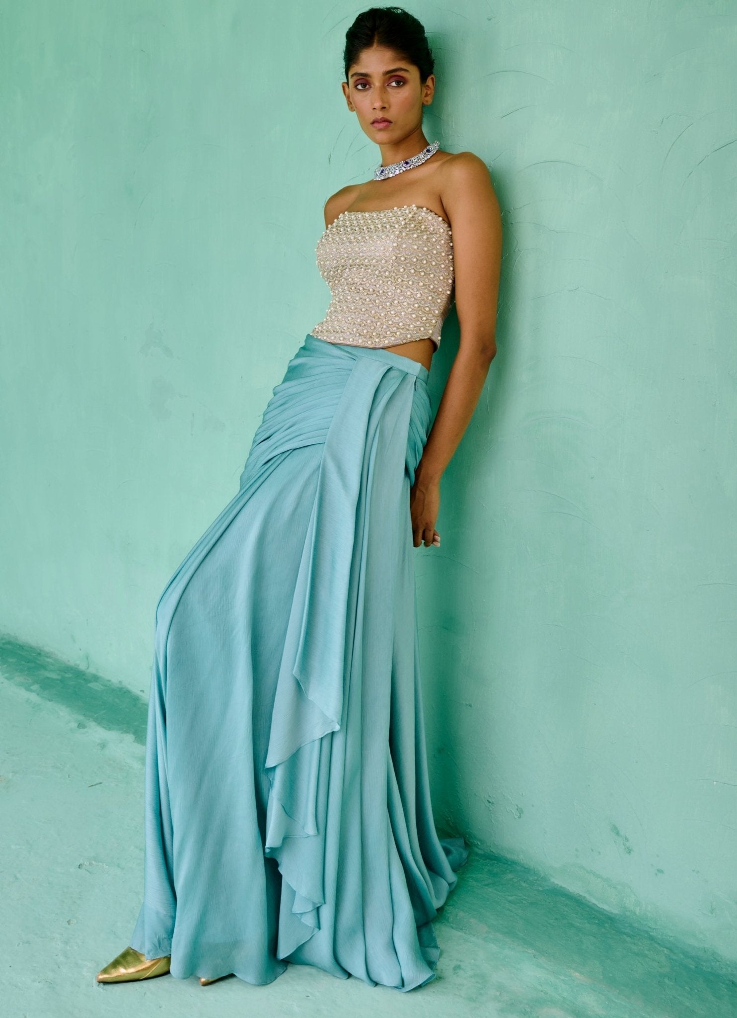 Sky-Blue Chiffon Drape Skirt Set by Chamee & Palak
