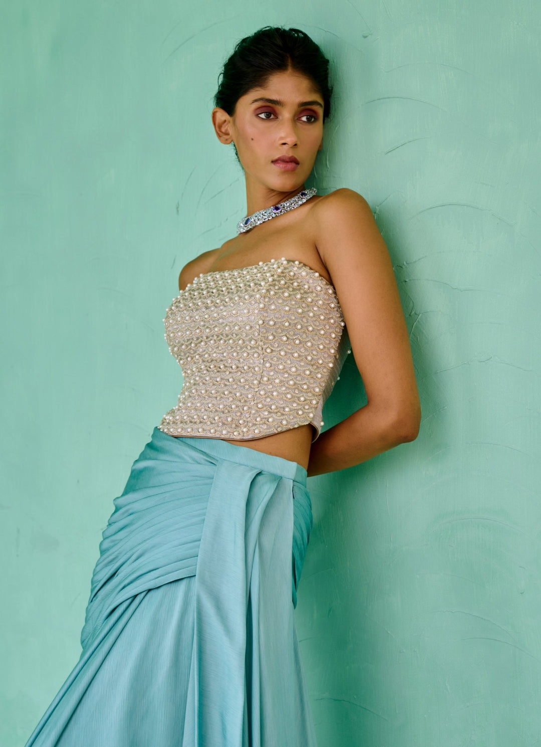 Sky Blue Chiffon Drape Skirt Set Chamee and Palak - Fabilicious Fashion