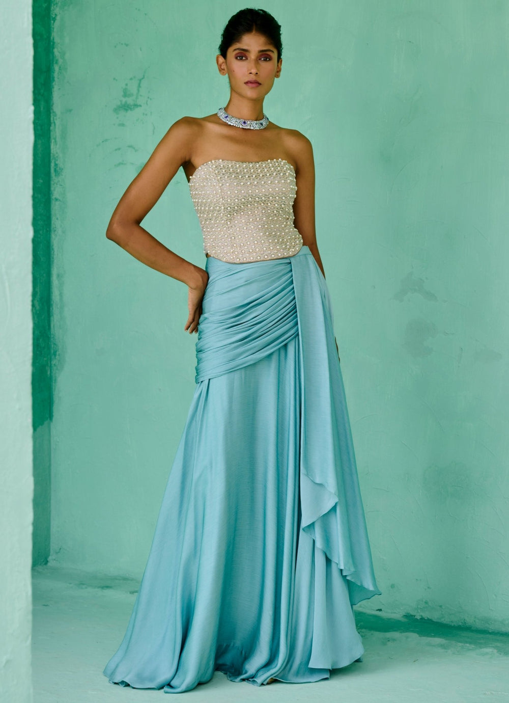 Sky Blue Chiffon Drape Skirt Set Chamee and Palak - Fabilicious Fashion