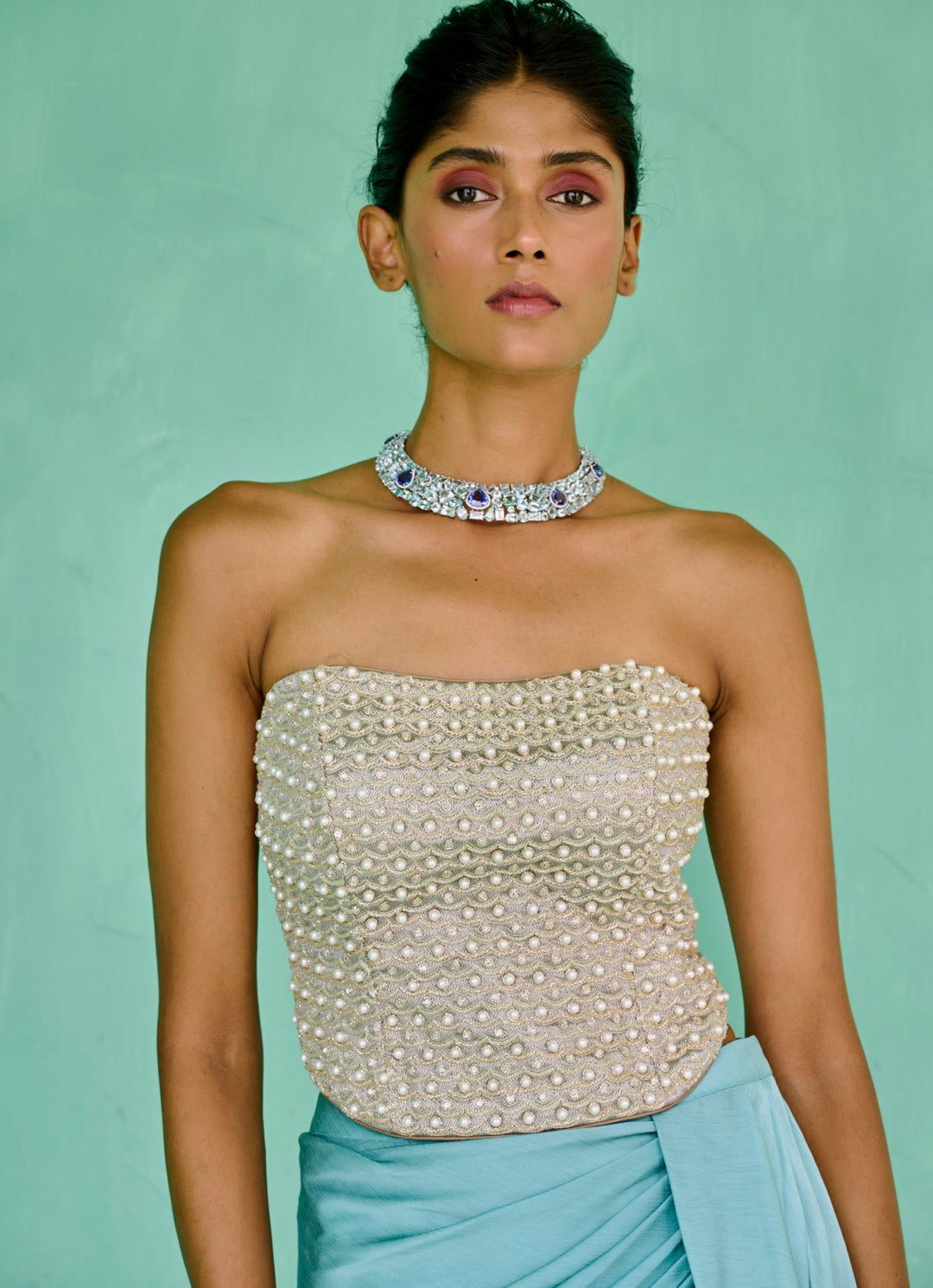 Sky Blue Chiffon Drape Skirt Set Chamee and Palak - Fabilicious Fashion