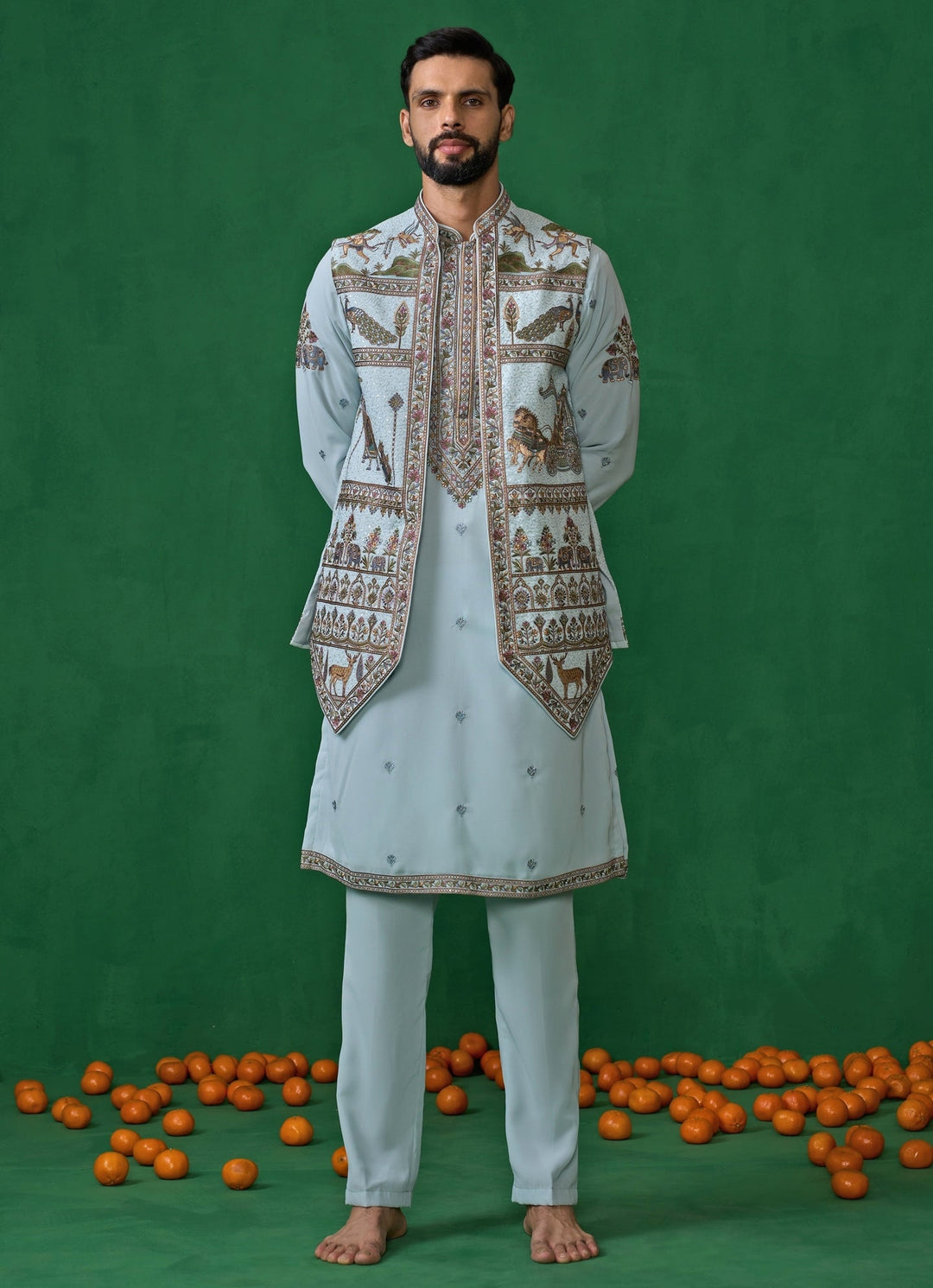 Sky Blue Embroidered Georgette Kurta Jacket Set Kalpraag - Fabilicious Fashion