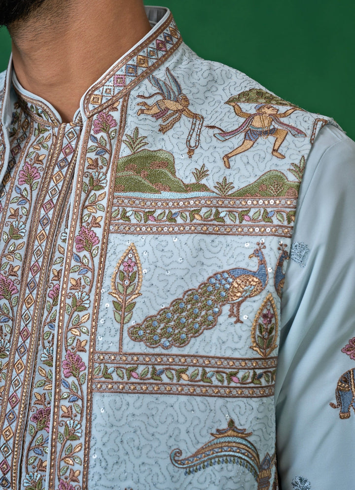 Sky Blue Embroidered Georgette Kurta Jacket Set Kalpraag - Fabilicious Fashion