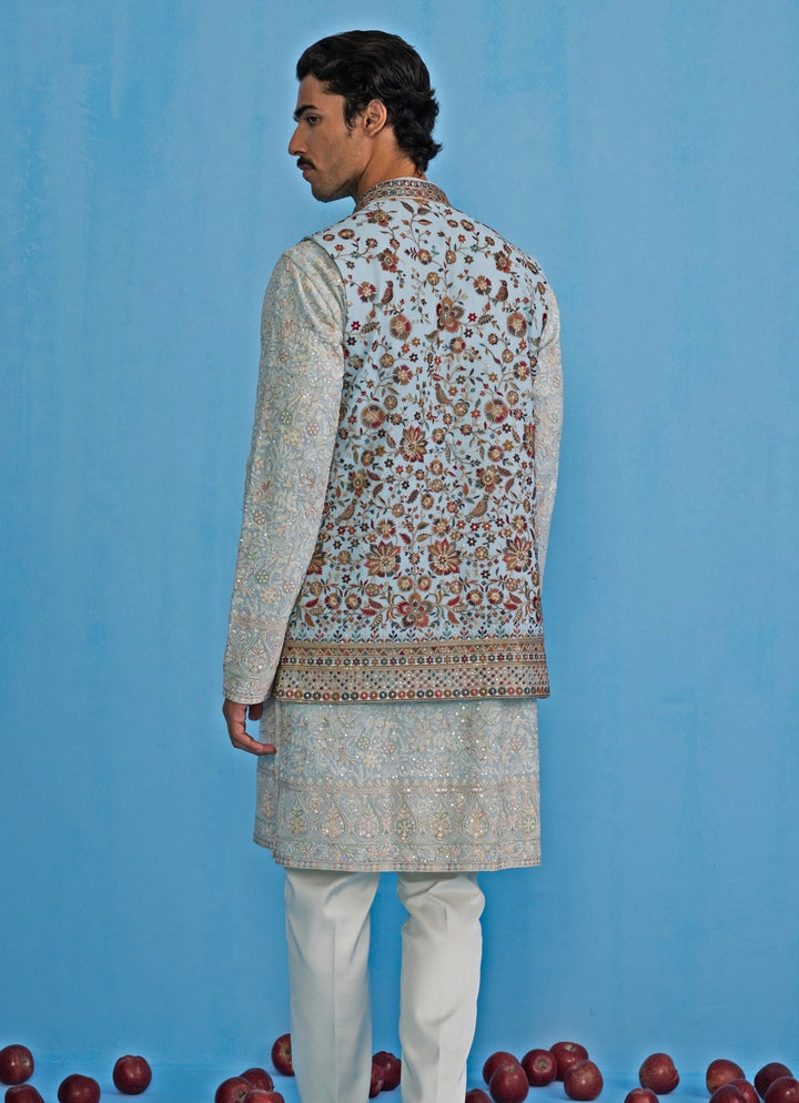 Sky Blue Embroidered Georgette Kurta Jacket Set Kalpraag - Fabilicious Fashion