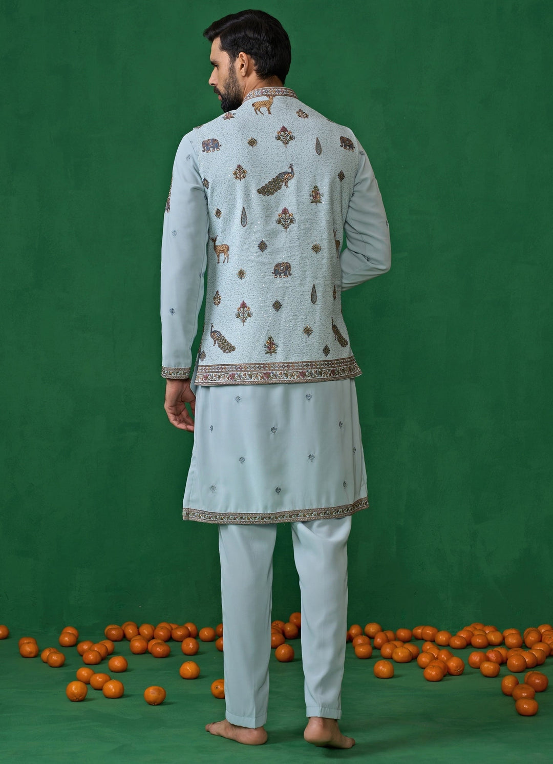 Sky Blue Embroidered Georgette Kurta Jacket Set Kalpraag - Fabilicious Fashion