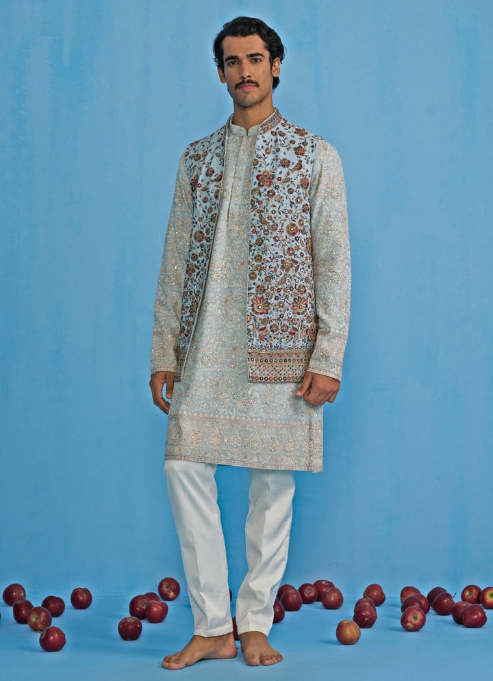 Sky Blue Embroidered Georgette Kurta Jacket Set Kalpraag - Fabilicious Fashion