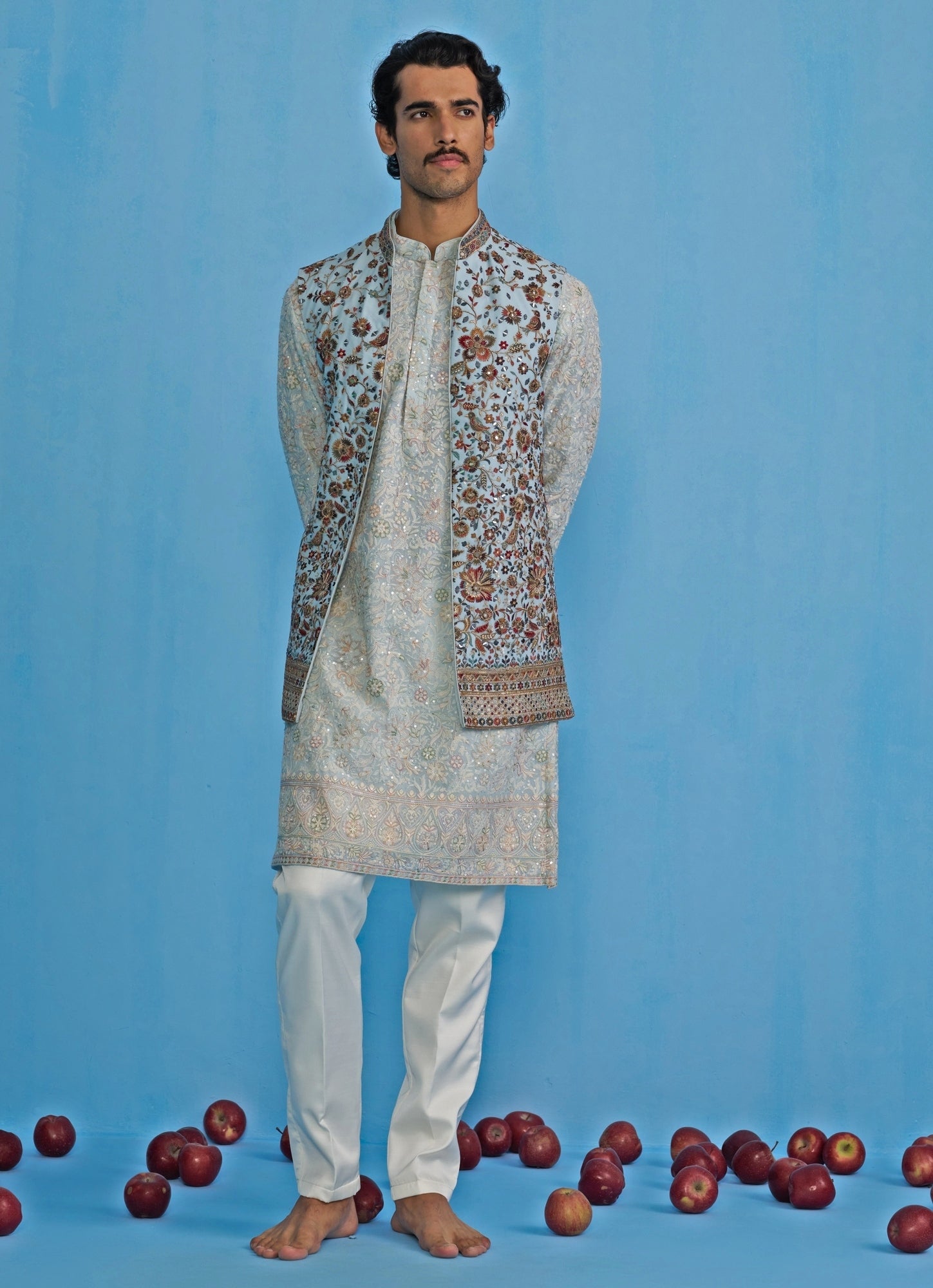 Sky blue embroidered kurta jacket set — festive mens kurta for Eid
