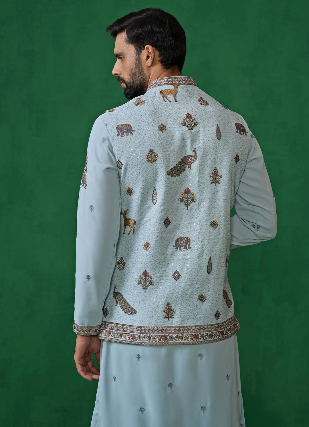 Sky Blue Embroidered Georgette Kurta Jacket Set Kalpraag - Fabilicious Fashion