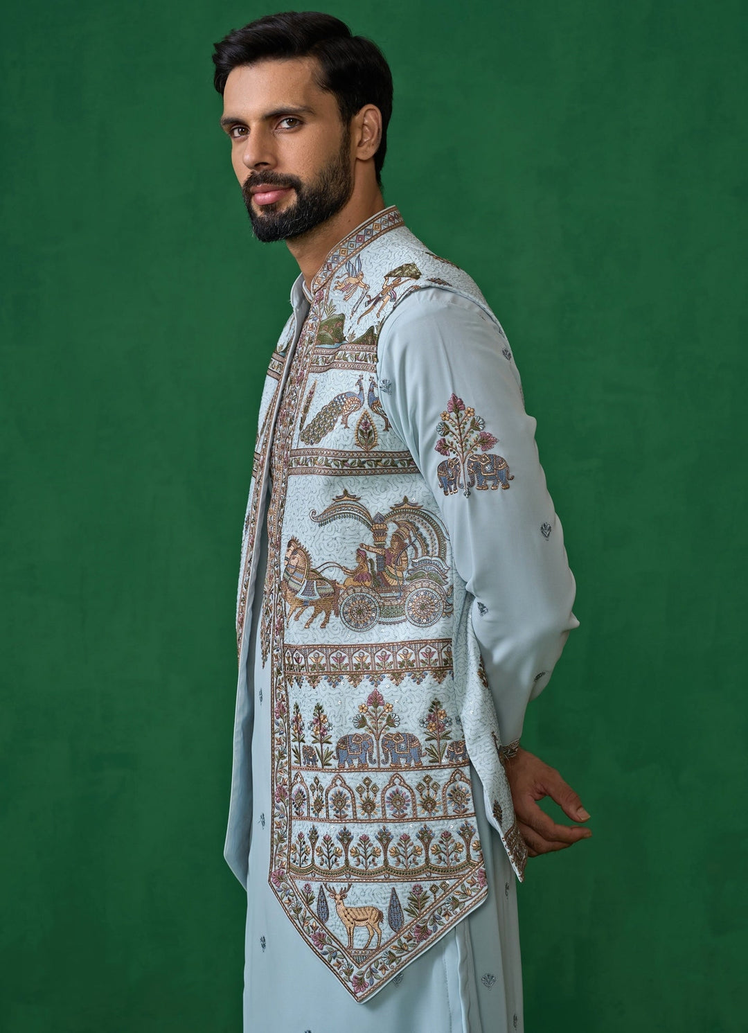 Sky Blue Embroidered Georgette Kurta Jacket Set Kalpraag - Fabilicious Fashion