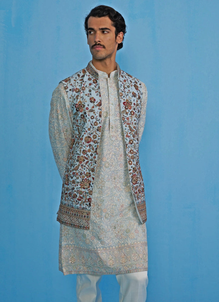 Sky Blue Embroidered Georgette Kurta Jacket Set Kalpraag - Fabilicious Fashion