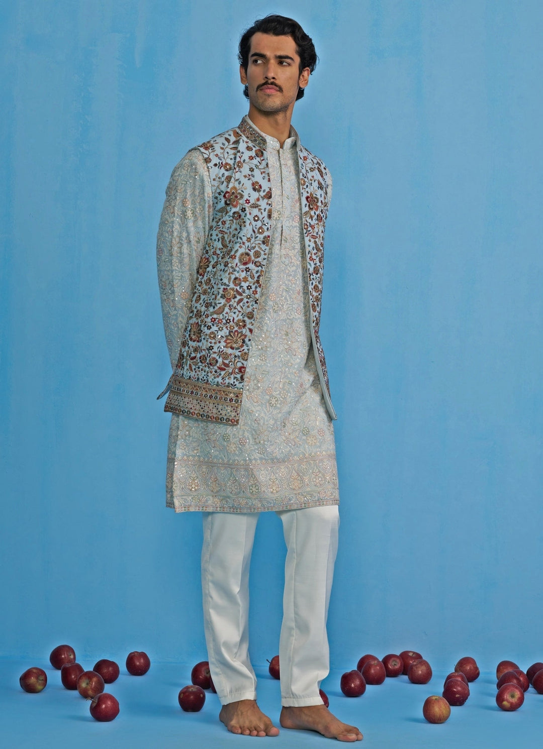 Sky Blue Embroidered Georgette Kurta Jacket Set Kalpraag - Fabilicious Fashion