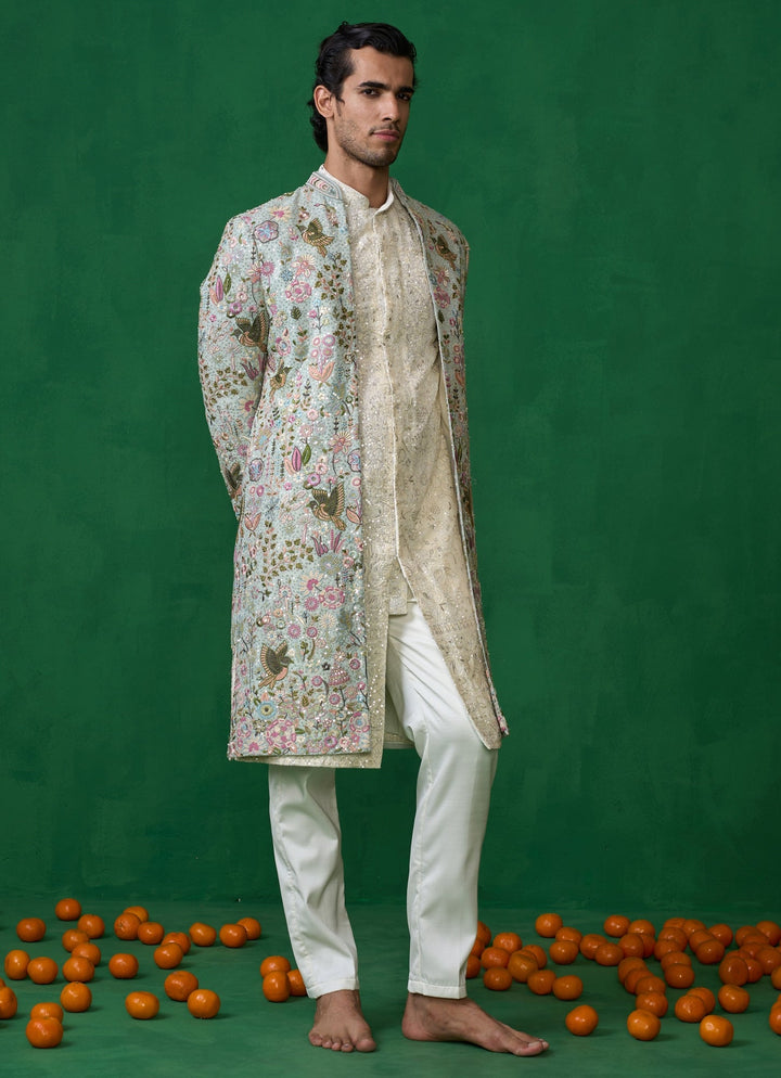 Sky Blue Embroidered Georgette Long Jacket Kurta Set Kalpraag - Fabilicious Fashion