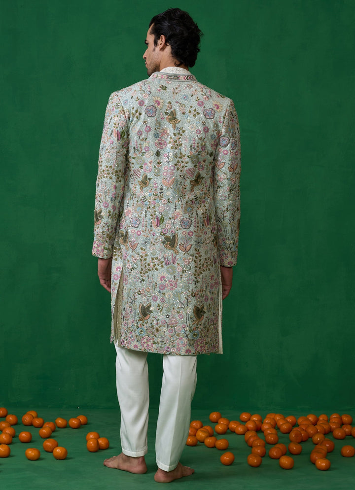 Sky Blue Embroidered Georgette Long Jacket Kurta Set Kalpraag - Fabilicious Fashion