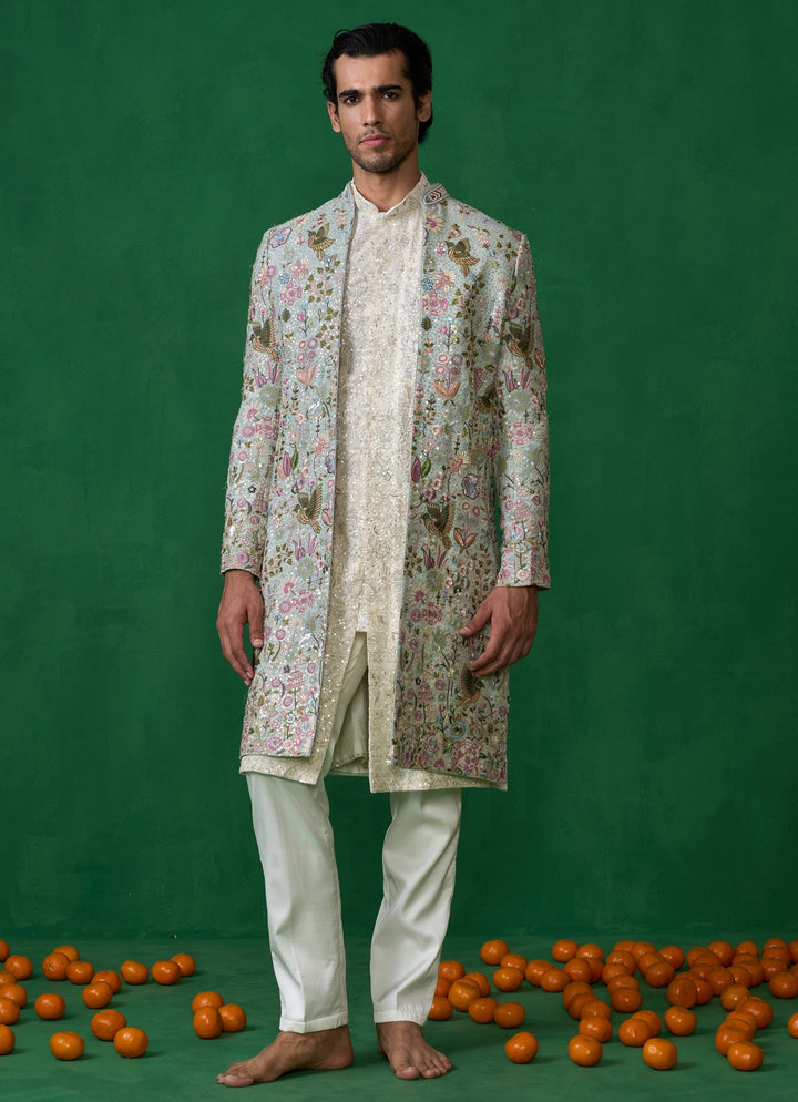 Sky Blue Embroidered Georgette Long Jacket Kurta Set Kalpraag - Fabilicious Fashion