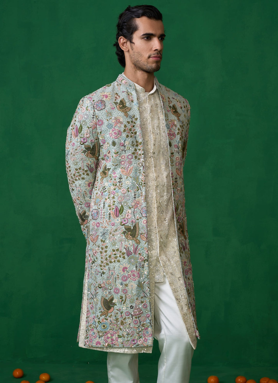 Sky Blue Embroidered Georgette Long Jacket Kurta Set Kalpraag - Fabilicious Fashion