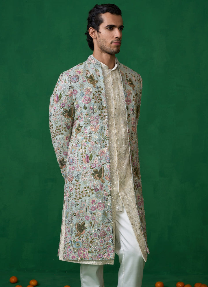 Sky Blue Embroidered Georgette Long Jacket Kurta Set Kalpraag - Fabilicious Fashion