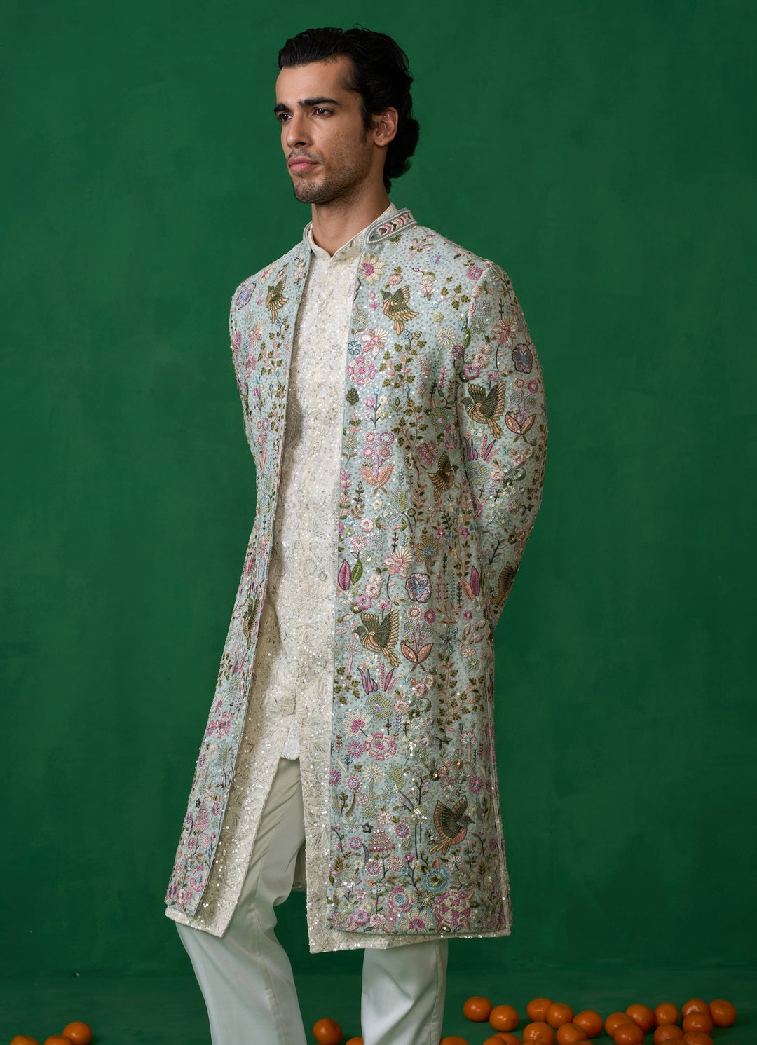 Sky Blue Embroidered Georgette Long Jacket Kurta Set Kalpraag - Fabilicious Fashion