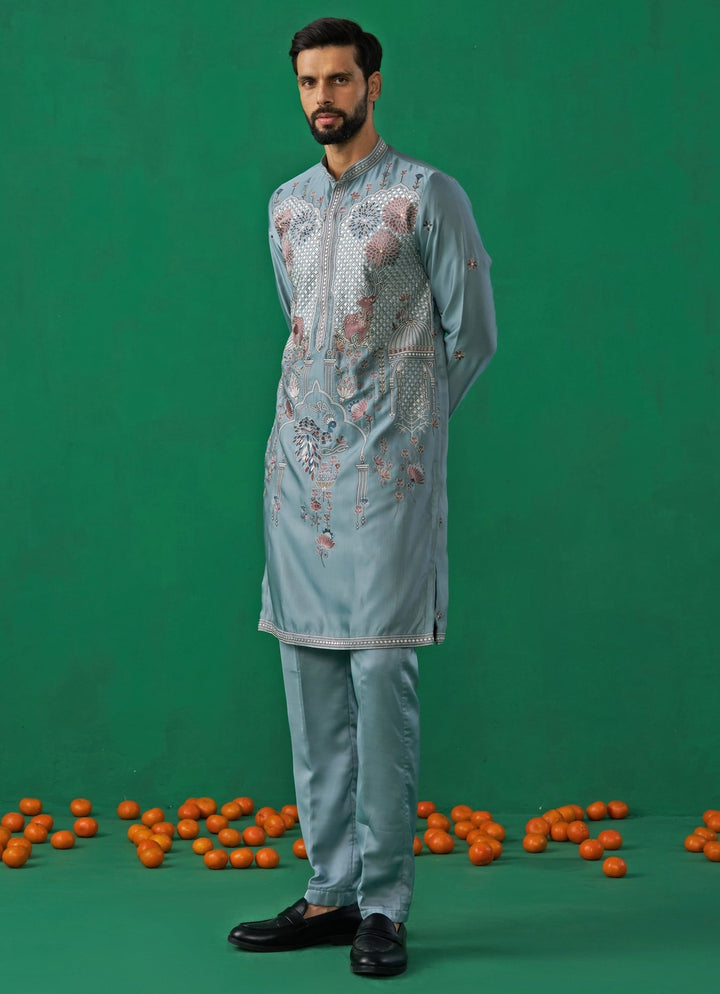Sky Blue Embroidered Silk Kurta Set Kalpraag - Fabilicious Fashion
