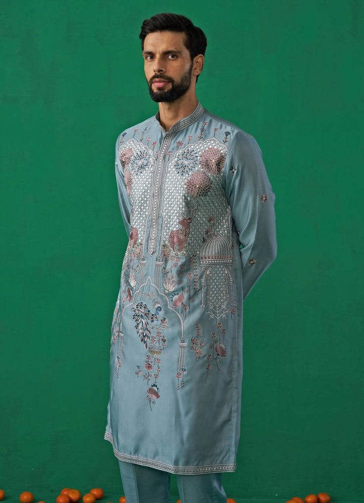 Sky Blue Embroidered Silk Kurta Set Kalpraag - Fabilicious Fashion
