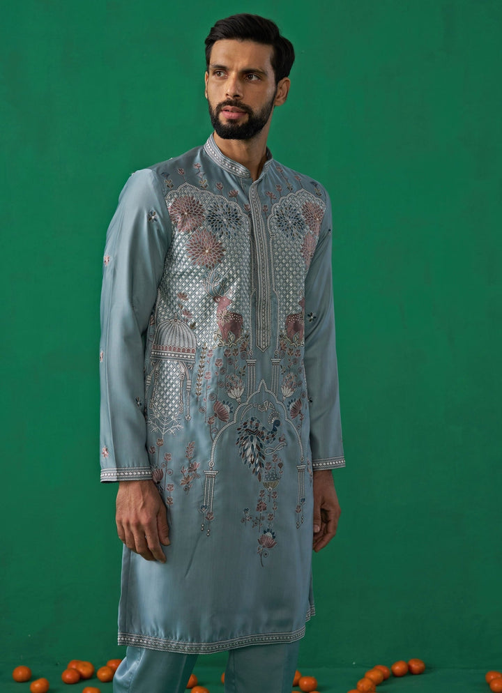 Sky Blue Embroidered Silk Kurta Set Kalpraag - Fabilicious Fashion