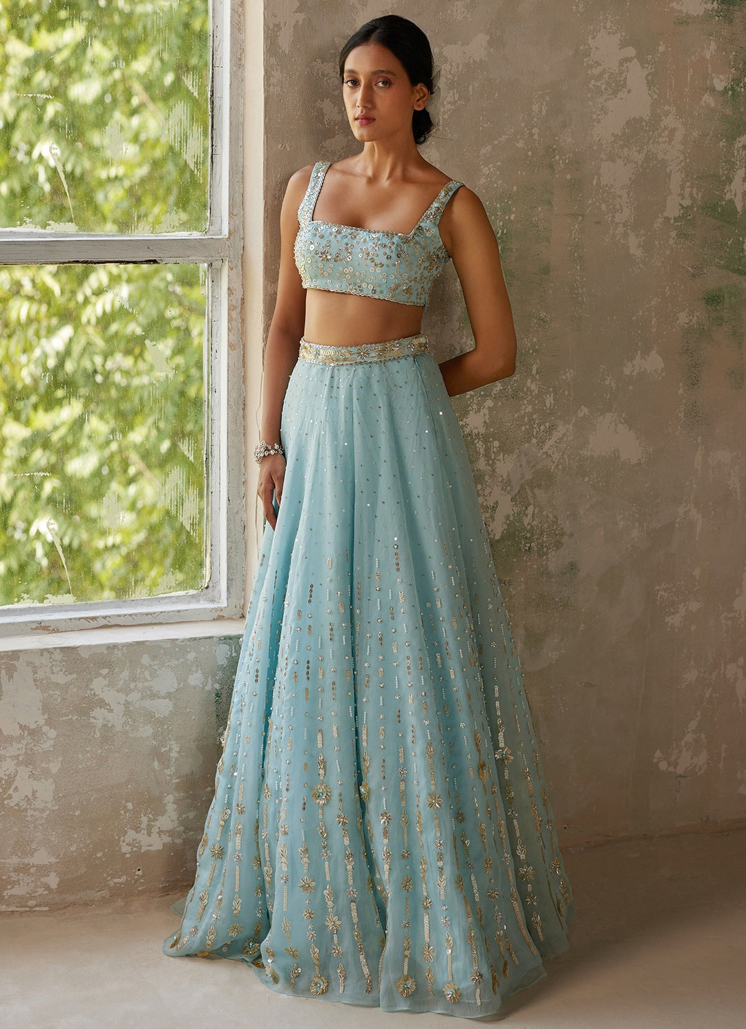 Sky Blue Embroidered Silk Organza Lehenga Zoon Tribe - Fabilicious Fashion
