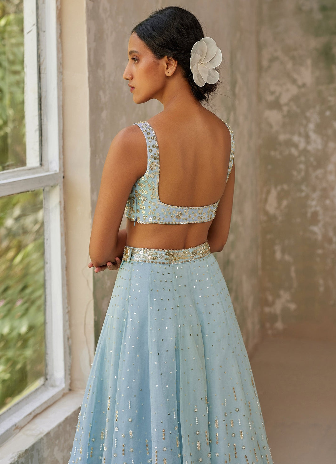 Sky Blue Embroidered Silk Organza Lehenga Zoon Tribe - Fabilicious Fashion