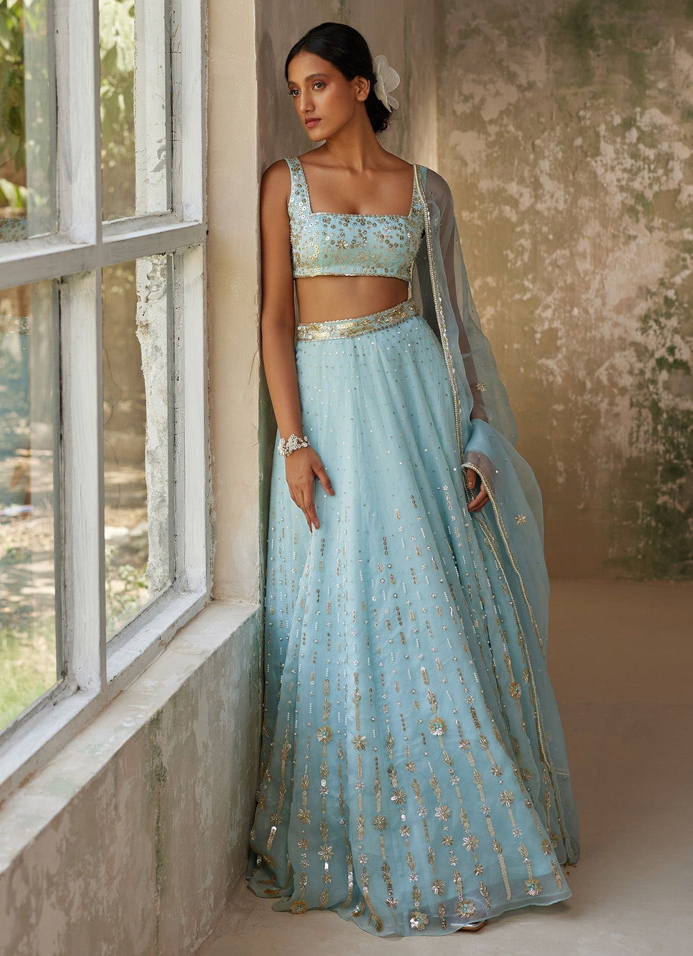 Sky Blue Embroidered Silk Organza Lehenga Zoon Tribe - Fabilicious Fashion