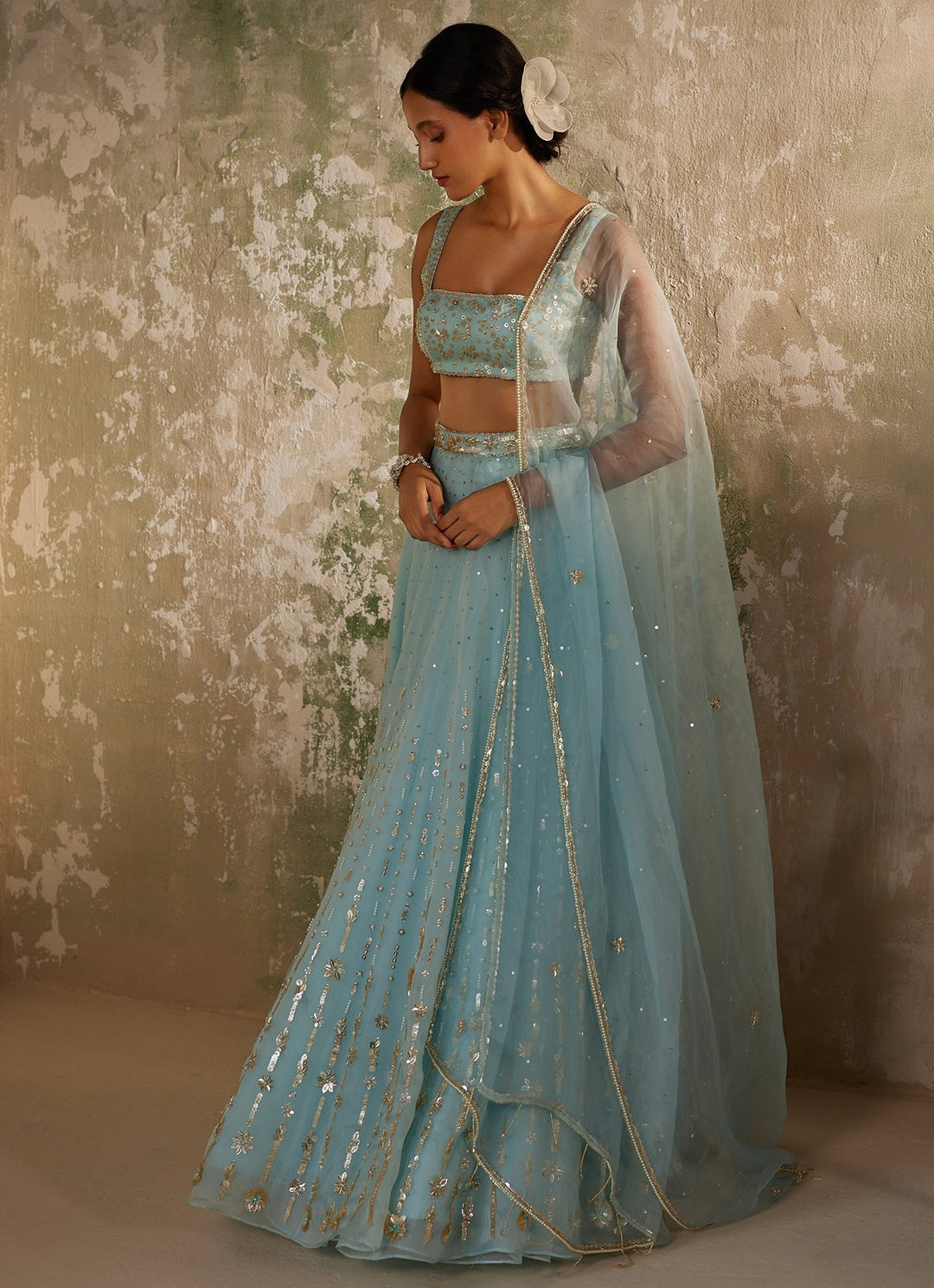 Sky Blue Embroidered Silk Organza Lehenga Zoon Tribe - Fabilicious Fashion