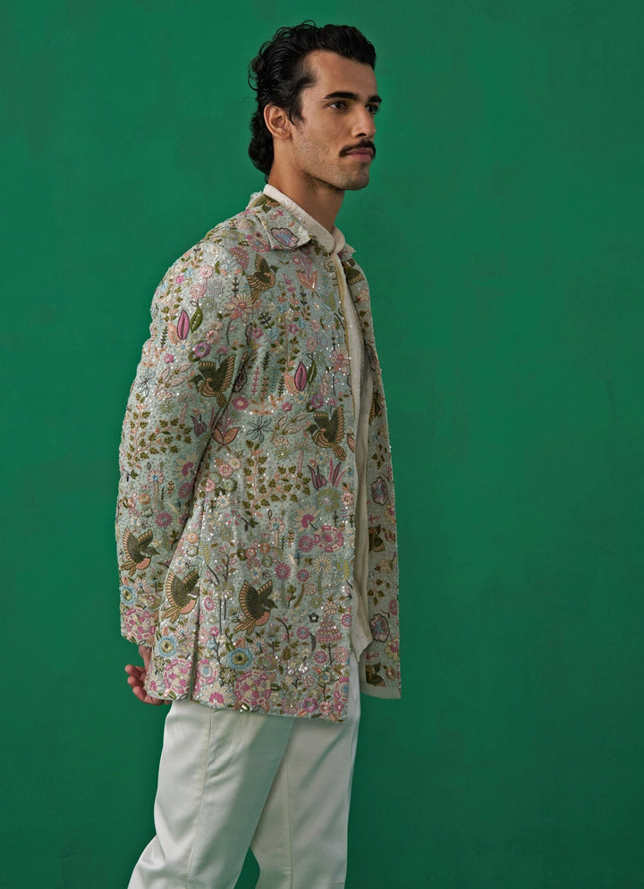 Sky Blue Floral Embroidered Georgette Jodhpuri Set Kalpraag - Fabilicious Fashion