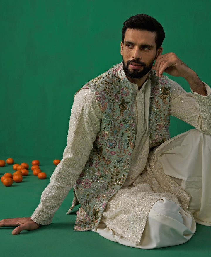 Sky Blue Floral Embroidered Georgette Kurta Jacket Set Kalpraag - Fabilicious Fashion