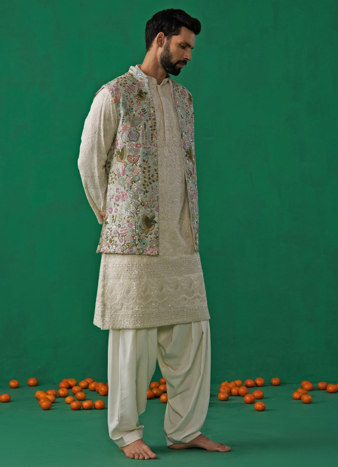 Sky Blue Floral Embroidered Georgette Kurta Jacket Set Kalpraag - Fabilicious Fashion