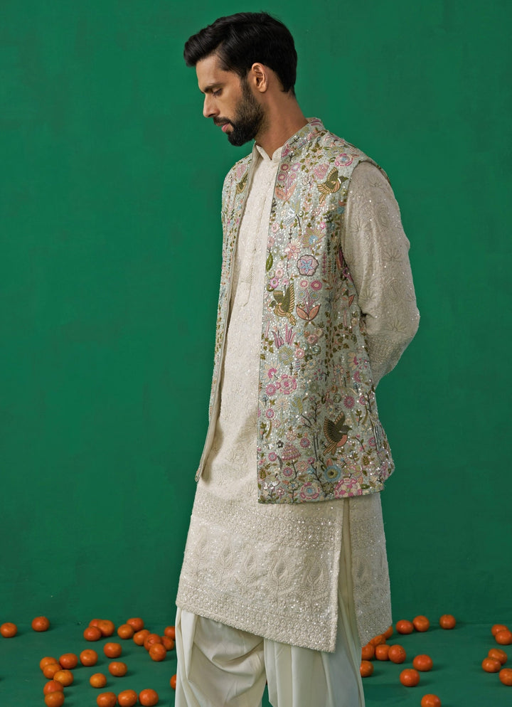 Sky Blue Floral Embroidered Georgette Kurta Jacket Set Kalpraag - Fabilicious Fashion