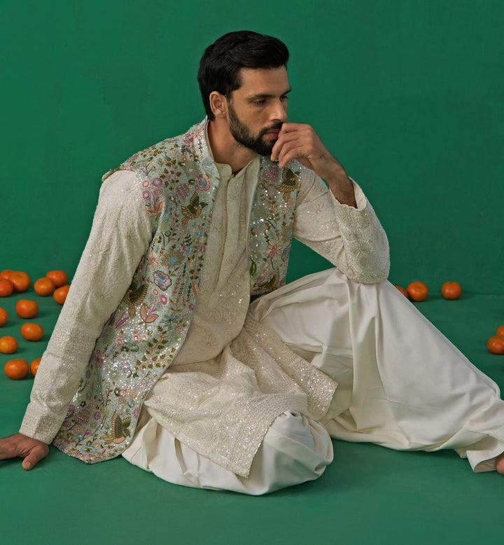 Sky Blue Floral Embroidered Georgette Kurta Jacket Set Kalpraag - Fabilicious Fashion