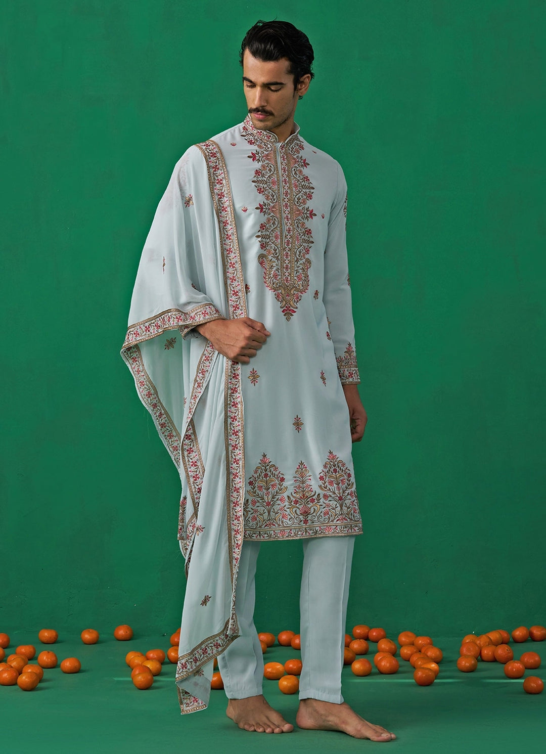 Sky Blue Floral Embroidered Georgette Kurta Set Kalpraag - Fabilicious Fashion