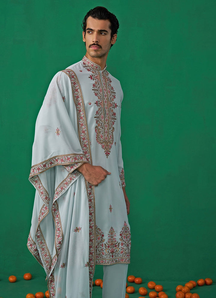 Sky Blue Floral Embroidered Georgette Kurta Set Kalpraag - Fabilicious Fashion