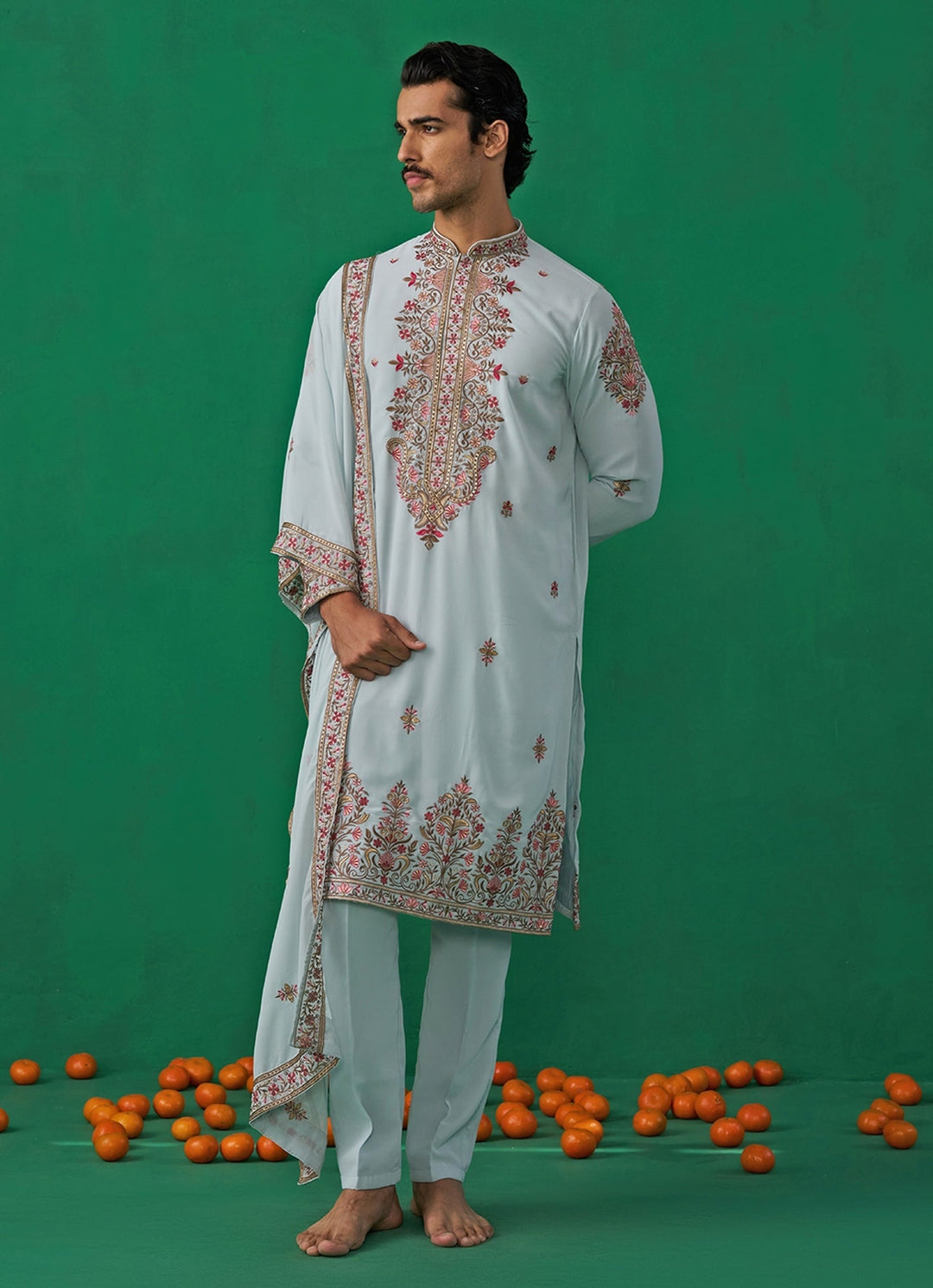 Sky Blue Floral Embroidered Georgette Kurta Set Kalpraag - Fabilicious Fashion