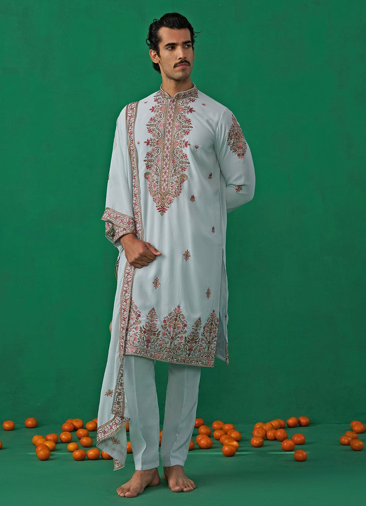 Sky Blue Floral Embroidered Georgette Kurta Set Kalpraag - Fabilicious Fashion