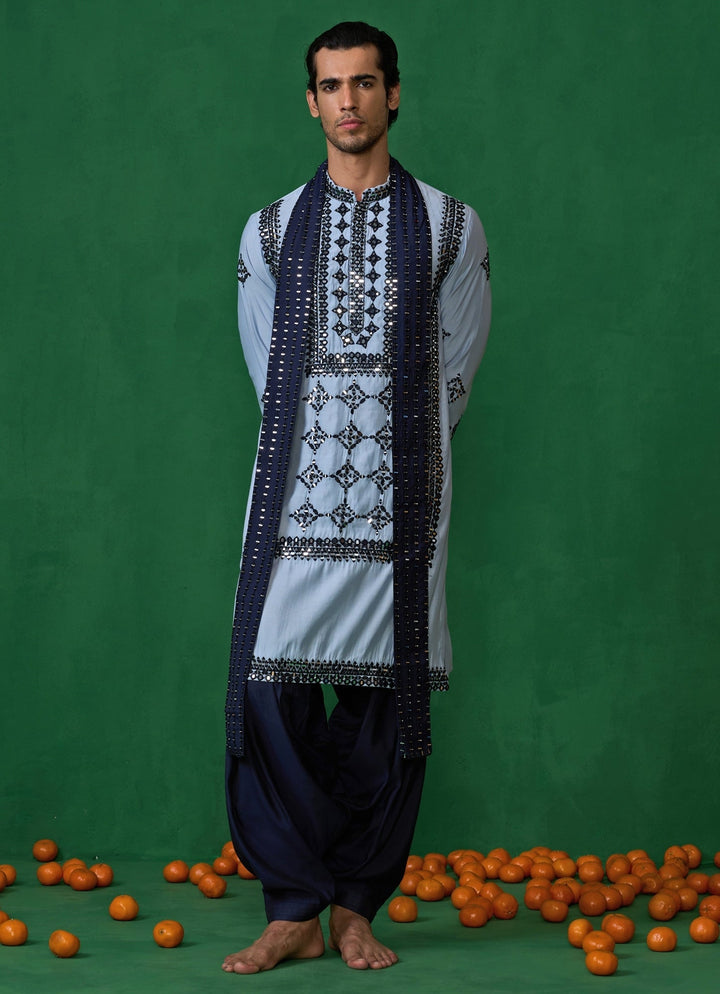 Sky Blue Mirror Embroidered Silk Kurta Set Kalpraag - Fabilicious Fashion