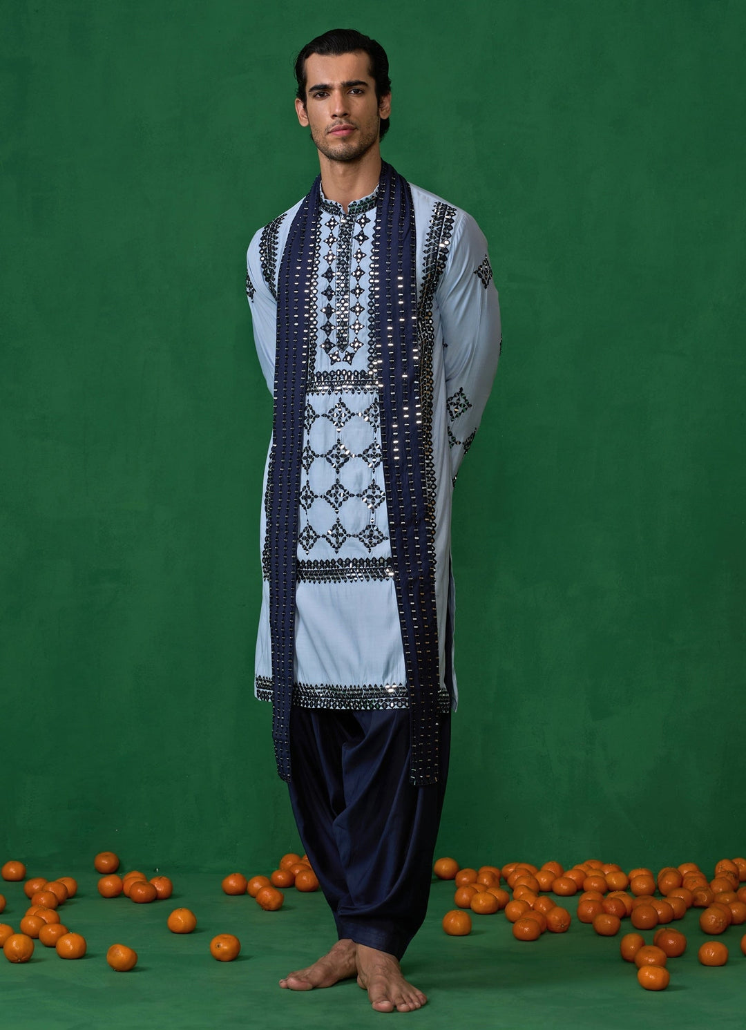 Sky Blue Mirror Embroidered Silk Kurta Set Kalpraag - Fabilicious Fashion