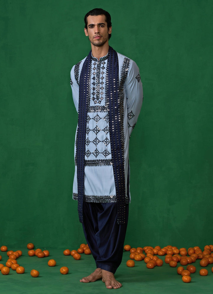 Sky Blue Mirror Embroidered Silk Kurta Set Kalpraag - Fabilicious Fashion