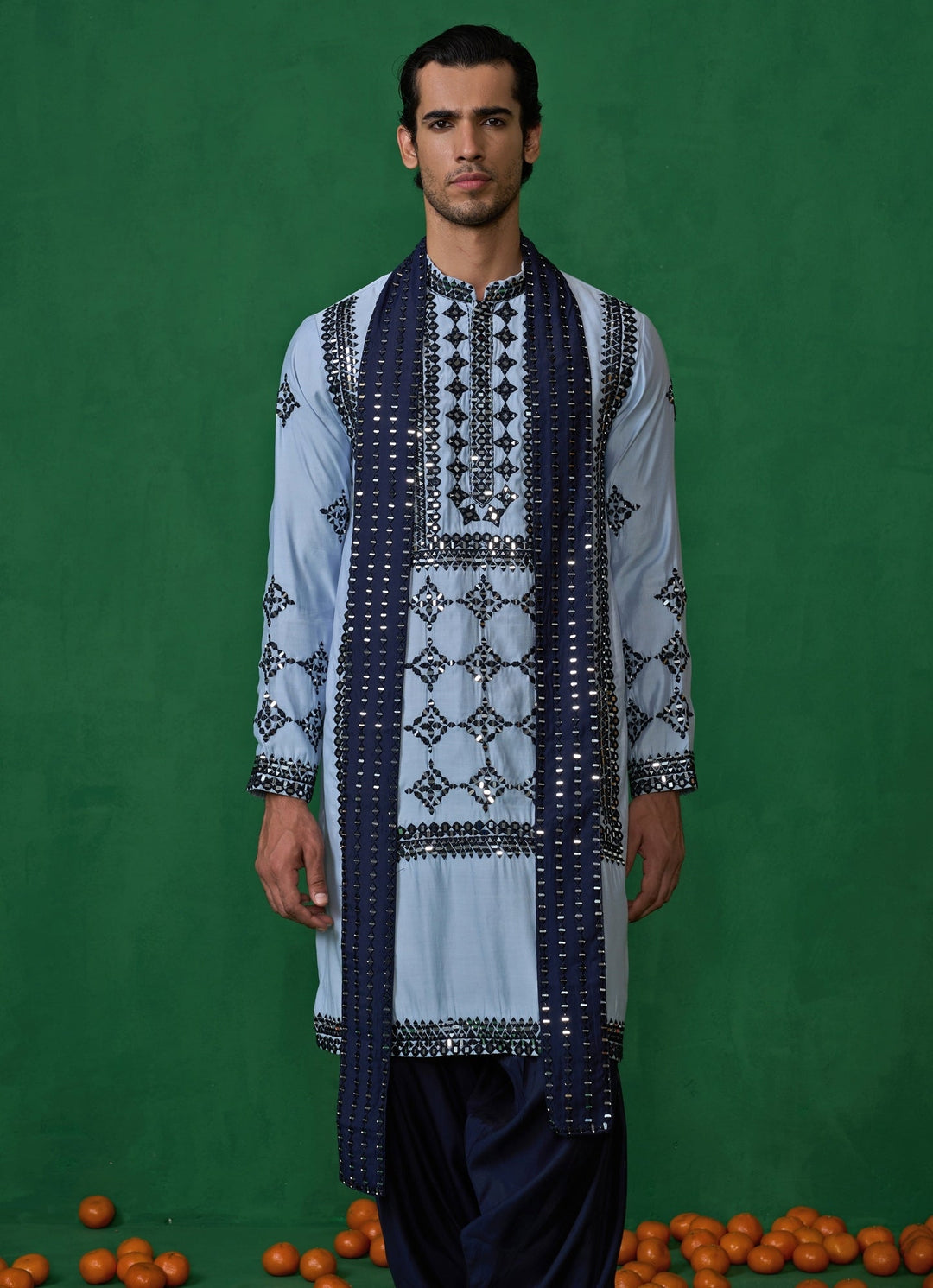 Sky Blue Mirror Embroidered Silk Kurta Set Kalpraag - Fabilicious Fashion