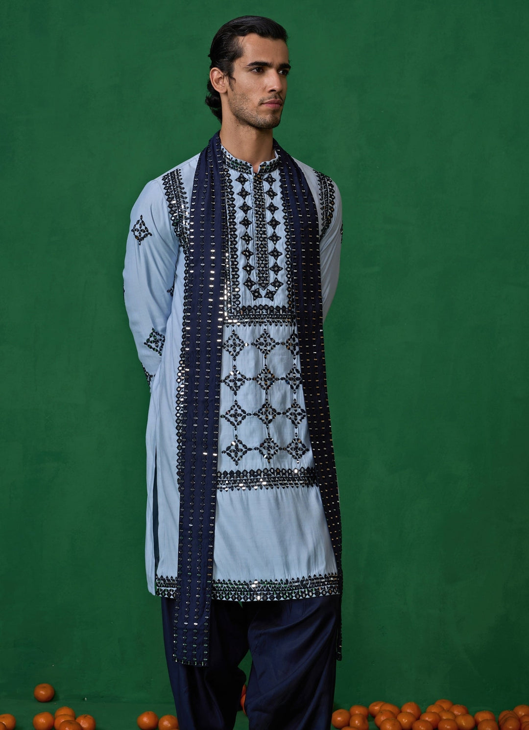 Sky Blue Mirror Embroidered Silk Kurta Set Kalpraag - Fabilicious Fashion