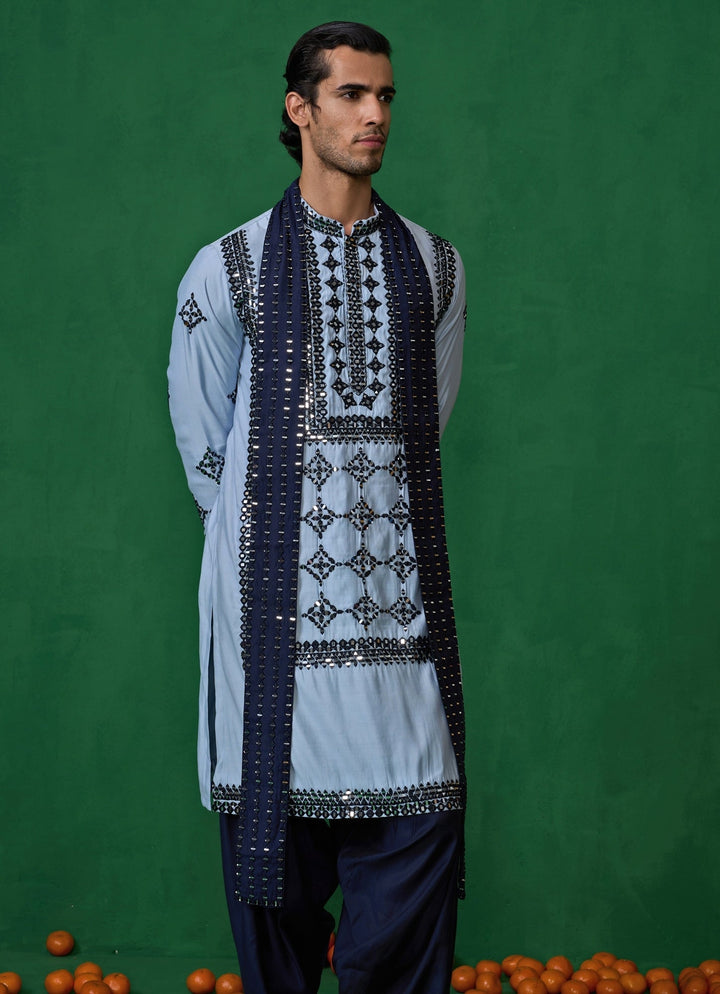 Sky Blue Mirror Embroidered Silk Kurta Set Kalpraag - Fabilicious Fashion