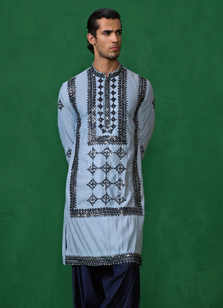 Sky Blue Mirror Embroidered Silk Kurta Set Kalpraag - Fabilicious Fashion