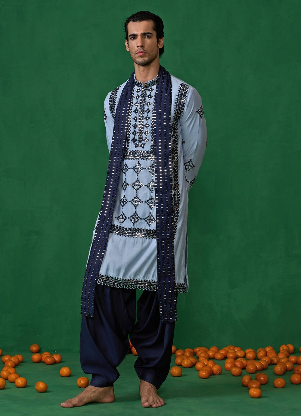 Sky Blue Mirror Embroidered Silk Kurta Set Kalpraag - Fabilicious Fashion